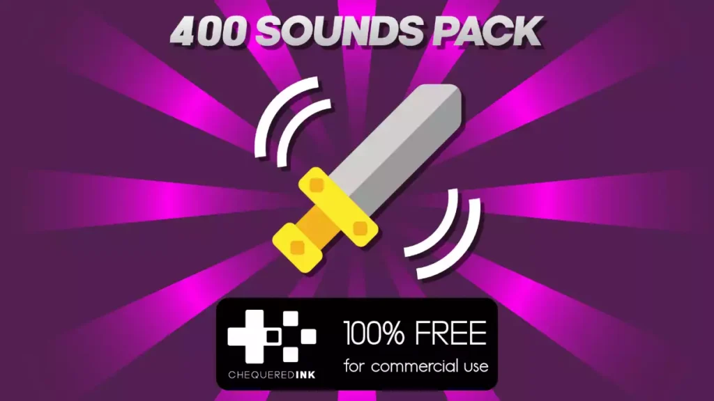 Bannière Chequered Ink annonçant un pack gratuit de 400 effets sonores pour le développement de jeux vidéo