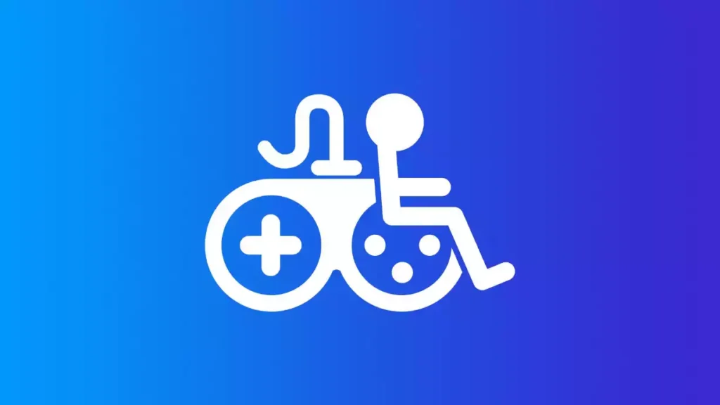 Logo blanc sur fond dégradé bleu représentant un joueur en fauteuil roulant tenant une manette de jeu, illustrant les directives d'accessibilité Xbox