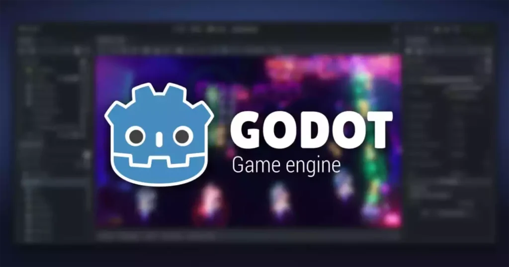Logo du moteur de jeu open source Godot Engine superposé à l'interface d'un projet de jeu vidéo.