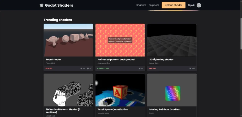 Interface de la bibliothèque en ligne Godot Shaders affichant différents effets visuels et shaders communautaires pour le moteur Godot.