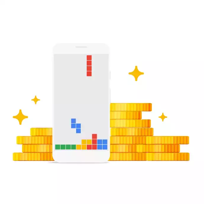 Illustration d'un smartphone affichant un jeu de briques style Tetris entouré de pièces d'or