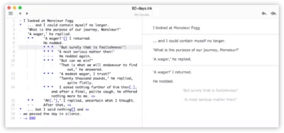Interface de l'éditeur Inky montrant le script narratif interactif à gauche et son rendu joué à droite