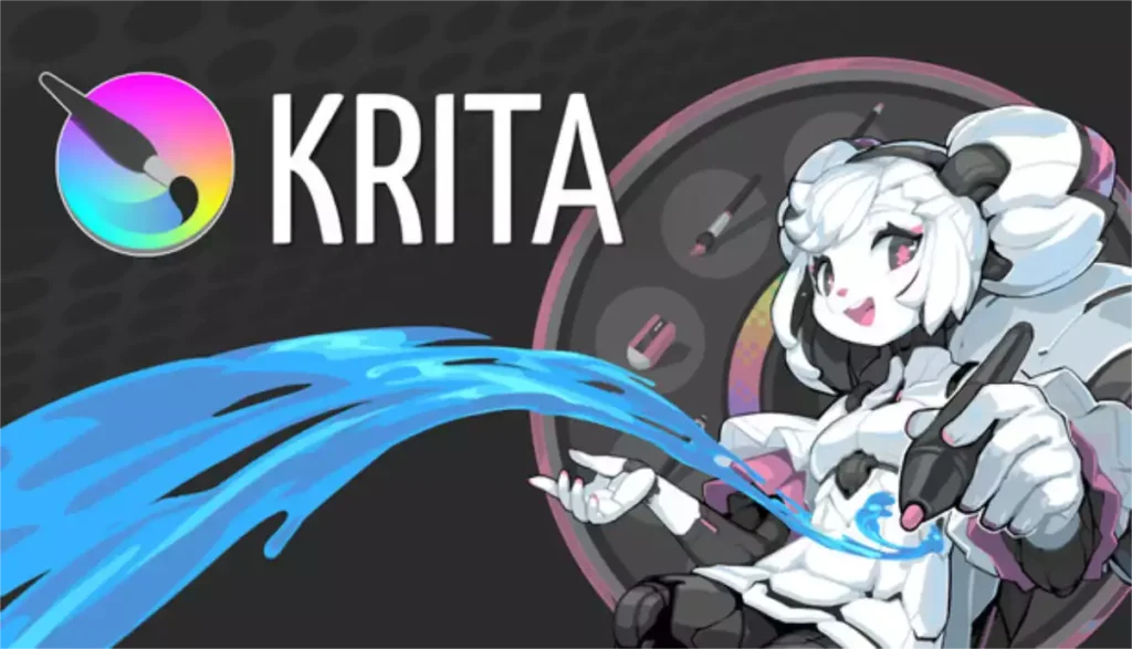 Mascotte Krita tenant un stylet graphique avec logo du logiciel de dessin open source pour artistes game dev