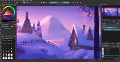 Interface du logiciel de peinture digitale Krita affichant un décor hivernal pour jeu vidéo en cours d'illustration