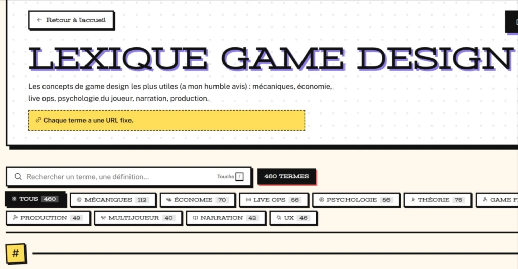 Interface du site Lexique Game Design d'Alexis Ventre classant les notions par catégories pour les créateurs