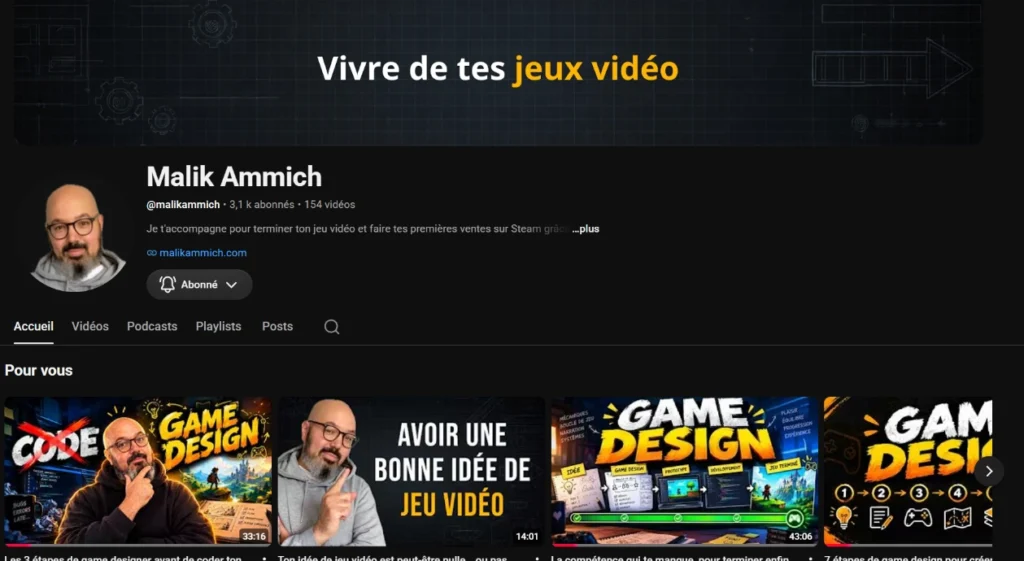 Page d'accueil de la chaîne YouTube de Malik Ammich dédiée au conseil en game design et à l'édition de jeux vidéo.