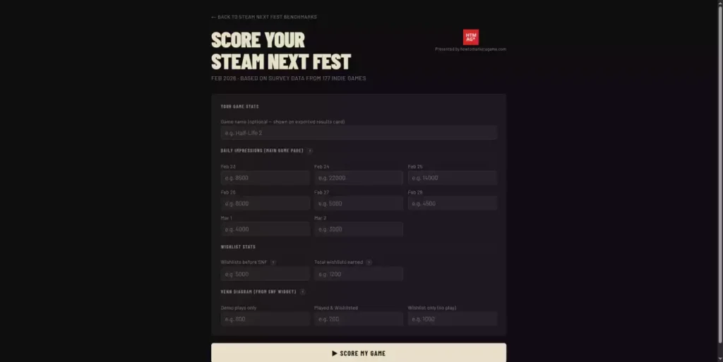 Formulaire en ligne HowToMarketAGame pour analyser et comparer les performances statistiques d'une démo au Steam Next Fest