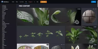 Catalogue de ressources gratuites Textures.com présentant des modèles 3D de plantes et textures pour moteurs de jeu