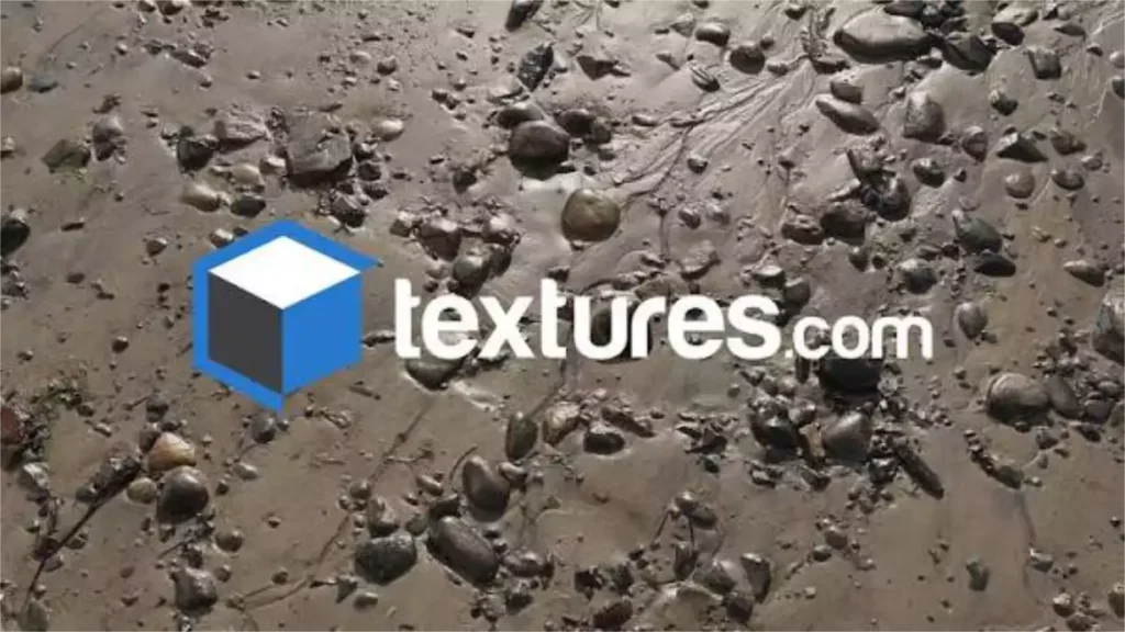 Logo Textures.com incrusté sur une texture PBR de sol rocheux et humide pour la modélisation 3D