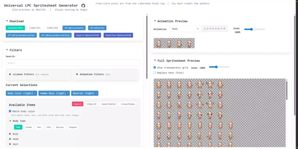 Interface de l'outil Universal LPC Spritesheet Generator montrant la personnalisation et l'aperçu d'animations de personnages en pixel art