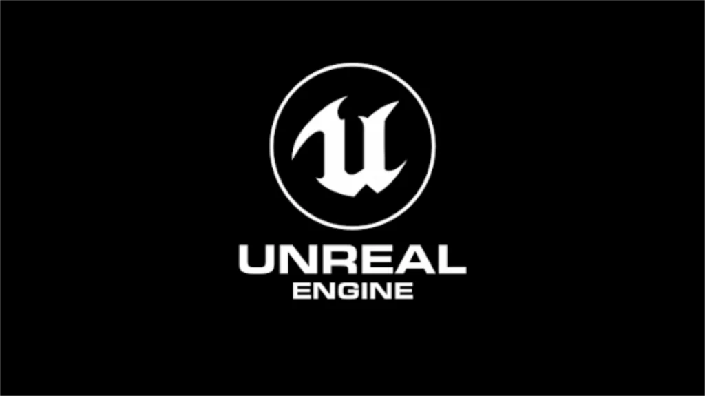 Logo officiel du moteur de jeu vidéo Unreal Engine affiché en blanc au centre d'un fond noir.