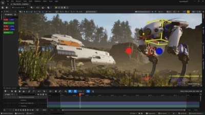 Interface d'animation 3D dans le moteur Unreal Engine montrant le raccordement et le contrôle d'un robot mécanique.