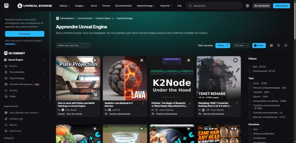 Portail d'apprentissage de la communauté Unreal Engine regroupant des tutoriels pour développeurs de jeux vidéo.