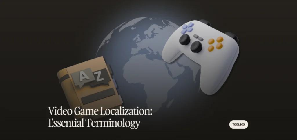Visuel du guide Video Game Localization Essential Terminology avec une manette 3D et un dictionnaire de traduction