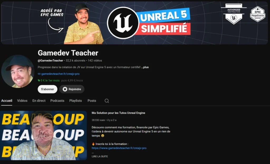 Page d'accueil de la chaîne YouTube Gamedev Teacher proposant des formations à la création de jeux sur Unreal Engine 5.